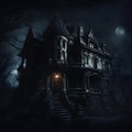 Enchanted Midnight: Creepy Manor Amidst a Dark Knight. Created using Ai Royalty Free Stock Photo