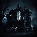 Enchanted Midnight: Creepy Manor Amidst a Dark Knight. Created using Ai Royalty Free Stock Photo