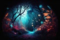 Halloween background with a spooky dark forest with magical leaf lighting