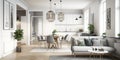 Interior design of modern scandinavian apartment, living room and dining room. Home design. Panorama - Generative AI Royalty Free Stock Photo