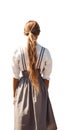 pretty blond woman with long hair in a ponytail. Amish woman walking away.