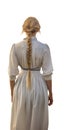 pretty blond woman with long blond braids and wearing a white dress and apron. Amish woman walking away. Royalty Free Stock Photo