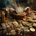 Lavish Display of Historic Coins and Currency Royalty Free Stock Photo
