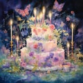 Fantastical Ethereal Garden with Ornate Birthday Cake