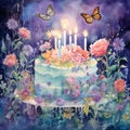 Fantastical Ethereal Garden with Ornate Birthday Cake