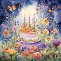 Fantastical Ethereal Garden with Ornate Birthday Cake