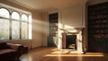 Luxurious library interior with sunlit fireplace bookshelves and comfortable seating for reading Royalty Free Stock Photo