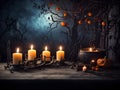 Witching Hour Ambiance: Old Table, Candles, and Branches in Halloween Night