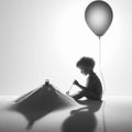 Isolated Whimsy: Little Boy with Balloon, Black and White Delight Royalty Free Stock Photo