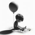 Isolated Joy: Little Boy with Floating Balloon, Black and White Magic Royalty Free Stock Photo