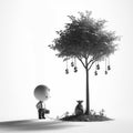 Solitary Whimsy: Monochrome Portrait of a Boy with Floating Balloon