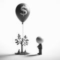 Solitary Whimsy: Monochrome Portrait of a Boy with Floating Balloon