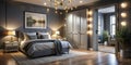A Dreamy BokehEnhanced Bedroom Oasis Dark Gray Walls White Double Doors and Luxurious Lighting Create a Modern Elegant Royalty Free Stock Photo