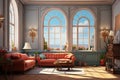 Sunlit Serenity: Living Room with Several Windows in the Style of Cyril. Generative AI