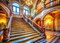 Majestic Marble Staircase in a Grand Castle Hall A Panoramic View of Timeless Elegance and Architectural Grandeur Royalty Free Stock Photo