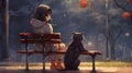 Laid-back Lofi Girl with Cat in a Serene Garden Royalty Free Stock Photo