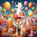 Whimsical cartoon scene showcasing 'Joyful Reminders' in 'Gifts & Favors'