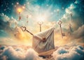 Enchanted Mail Delivery A Whimsical Floating Envelope and Keys Dance Through a Dreamlike Landscape Evoking Surrealist Royalty Free Stock Photo