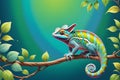 Cartoon Chameleon Perched on a Whimsical Branch Spanning the Width of a Banner - Vibrant Greens and Blues Come to Life