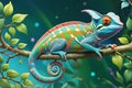 cartoon chameleon perches on a whimsical branch, spanning the width of a banner