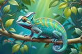 cartoon chameleon perches on a whimsical branch, spanning the width of a banner