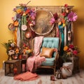 Boho Chic Photobooth: Whimsical Outdoor Setup with Colorful Fabrics and Dreamcatchers