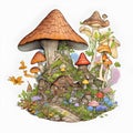 Enchanting Mushroom Village: Stylized Clip Art of a Mystical Hillside