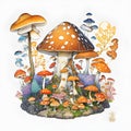 Enchanting Mushroom Village: Stylized Clip Art of a Mystical Hillside