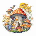 Enchanting Mushroom Village: Stylized Clip Art of a Mystical Hillside