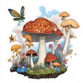 Enchanting Mushroom Village: Stylized Clip Art of a Mystical Hillside