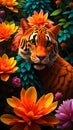 Enchanting Encounter: Cute Tiger Amidst Vibrant Flower Garden
