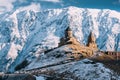 Stepantsminda, Georgia. Famous Gergeti Trinity Tsminda Sameba Ch