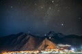 Stepantsminda, Georgia. Natural Night Starry Sky With Glowing St