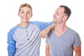 Stepfather and son standing isolated on white background