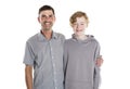 stepfather and teen son standing isolated on white background Royalty Free Stock Photo