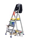 Stepladder with paint cans and brushes