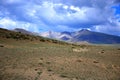 Steppe at the foot of hills painted in red-orange colors under a cloudy blue sky Royalty Free Stock Photo