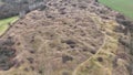 Steppe pits drone aerial limestone mine Kosirske lomy national nature reserve. Valuable botanical grass meadow landscape