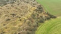 Steppe pits drone aerial limestone mine Kosirske lomy national nature reserve. Valuable botanical grass meadow