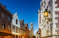 Bruges, Belgium. Cityscape with traditional houses and medieval bell tower Belfry in the city centre at dusk. Royalty Free Stock Photo