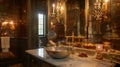 Stepping into the bathroom we are greeted with a unique vanity area featuring a Vintage Reflection Blend of Antiqued