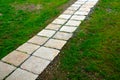 Stepping path of concrete tiles in the lawn straight row of concrete walkway in city park garden spring light white color tiles an Royalty Free Stock Photo