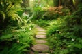 stepping stone path leading to a secret garden, surrounded by lush greenery