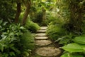 stepping stone path leading to a secret garden, surrounded by lush greenery