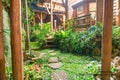 Stepping stones through lush deep green tropical garden and stru