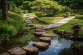 stepping stones and pathways leading to serene japanese garden Royalty Free Stock Photo