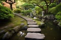 stepping stones and pathways leading to serene japanese garden Royalty Free Stock Photo
