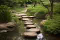 stepping stones and pathways leading to serene japanese garden Royalty Free Stock Photo