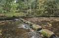 Stepping stones to local park at side of canal path at Uppermill