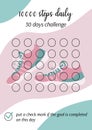 10000 steps daily activity tracker. Walk every day for health. Personal 30 days challenge printable template. Good habit walking